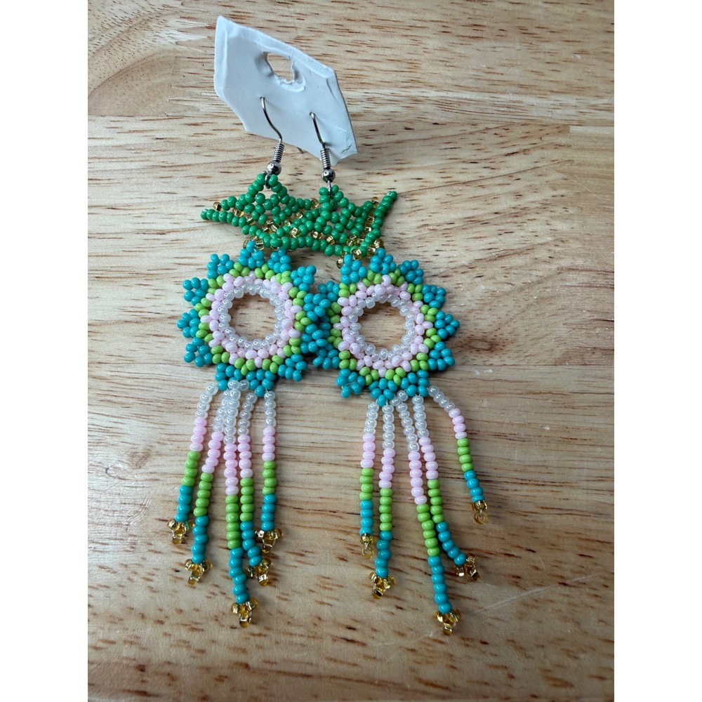Handmade Mexican Beaded Floral Dangle Earrings Turquoise Pink Green Fringe